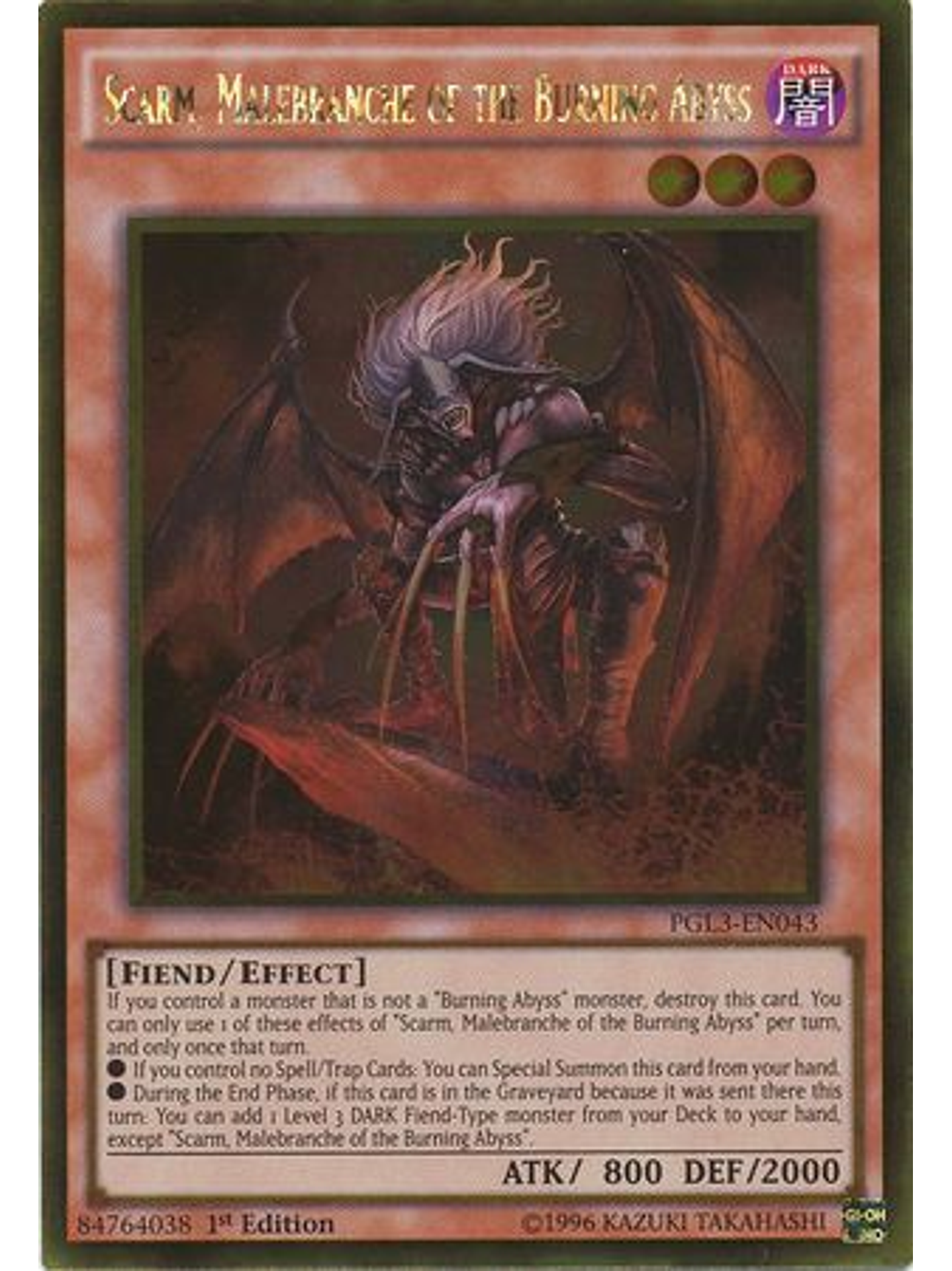 Scarm, Malebranche of the Burning Abyss - PGL3-EN043 - Gold Rare 1st Edition 1