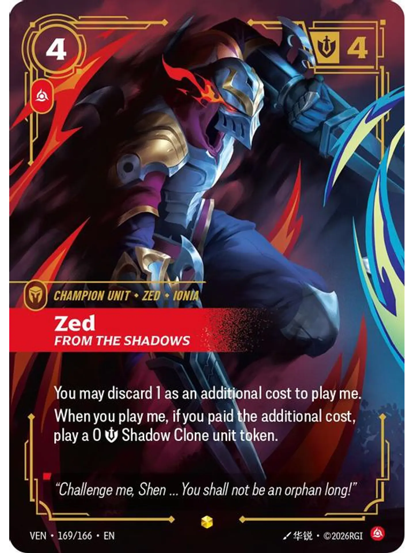 169/166 (Alternate Art) Zed, From the Shadows (Overnumbered) 1