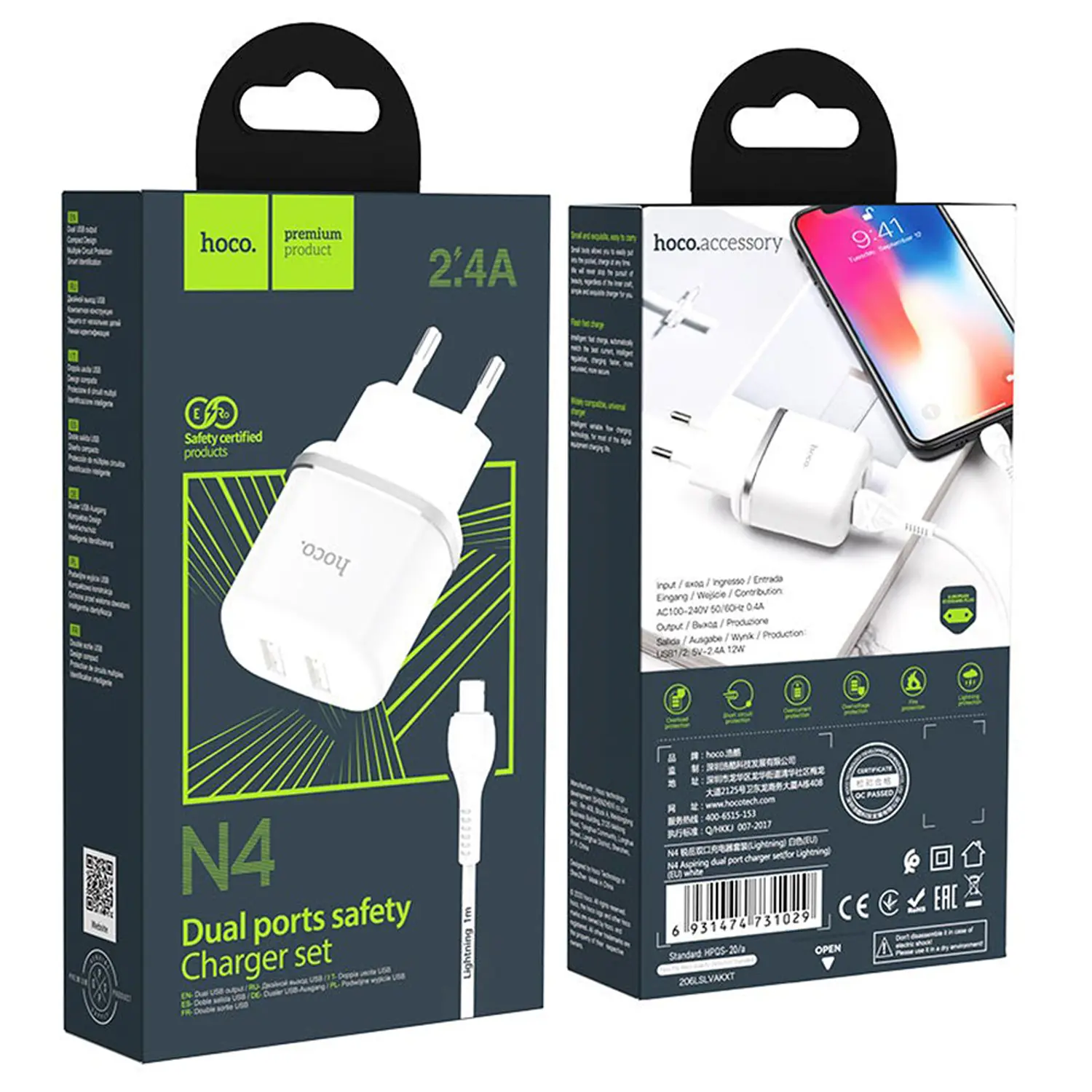 Cargador Hoco N4 2.4A con Doble USB + Cable Lightning 3