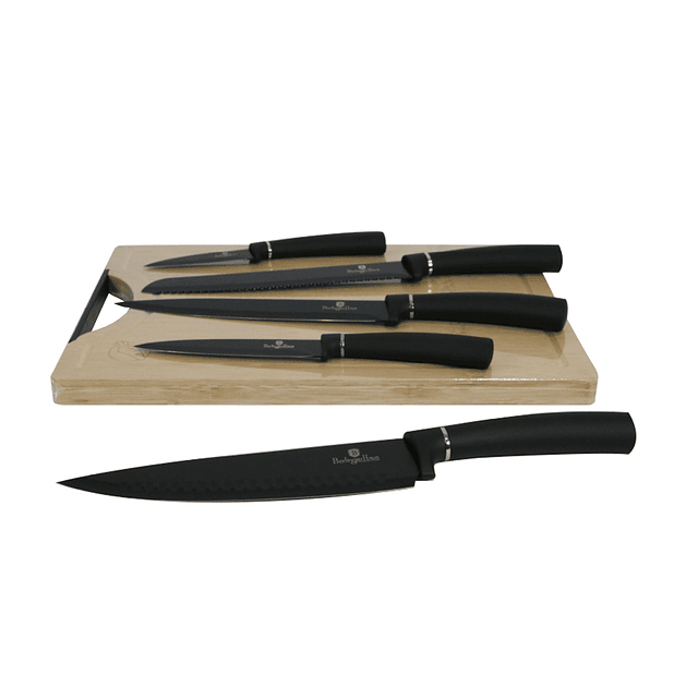 Cuchillos de Acero inoxidable BLACK SILVER + Tabla de corte de Bambú ( Set 6 unidades )
