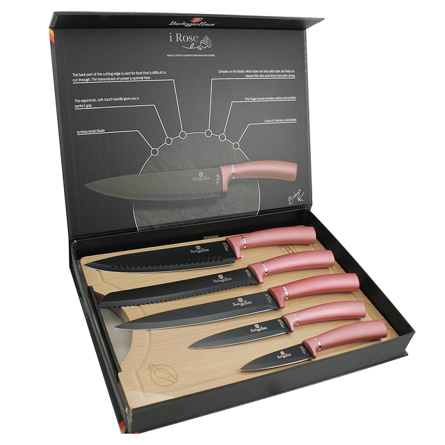 Cuchillos de Acero inoxidable I-ROSE + Tabla de corte de Bambú ( Set 6 unidades )