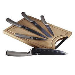 Cuchillos de Acero inoxidable CARBON + Tabla de corte de Bambú ( Set 6 unidades )