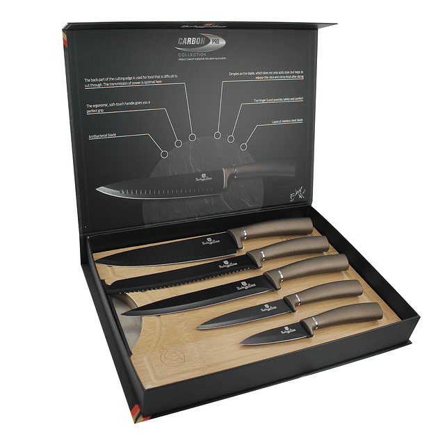 Cuchillos de Acero inoxidable CARBONO + Tabla de corte de Bambú ( Set 6 unidades )