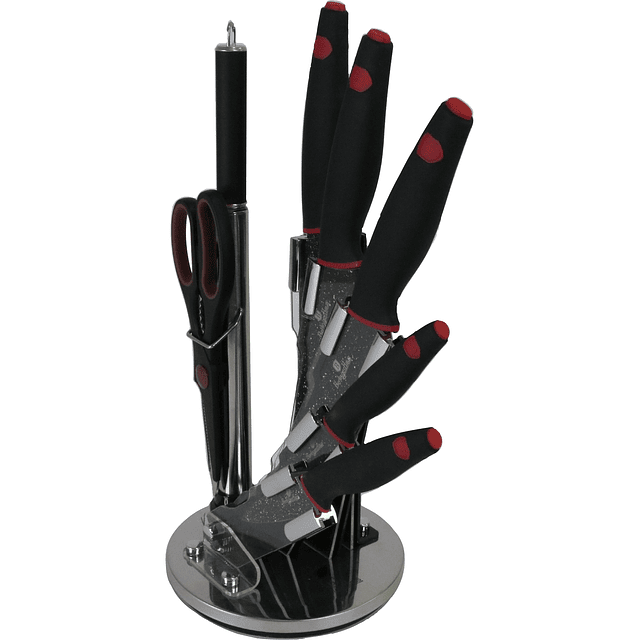 Cuchillos de Acero inoxidable SHINY BLACK  + Soporte Acrílico 360° ( Set 8 unidades )