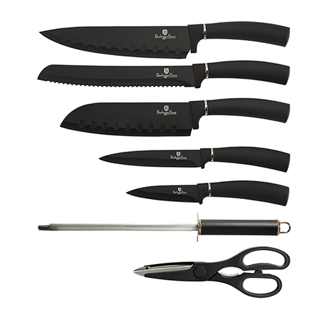 Cuchillos de Acero inoxidable BLACK ROSE  + Soporte Acrílico 360° ( Set 8 unidades )