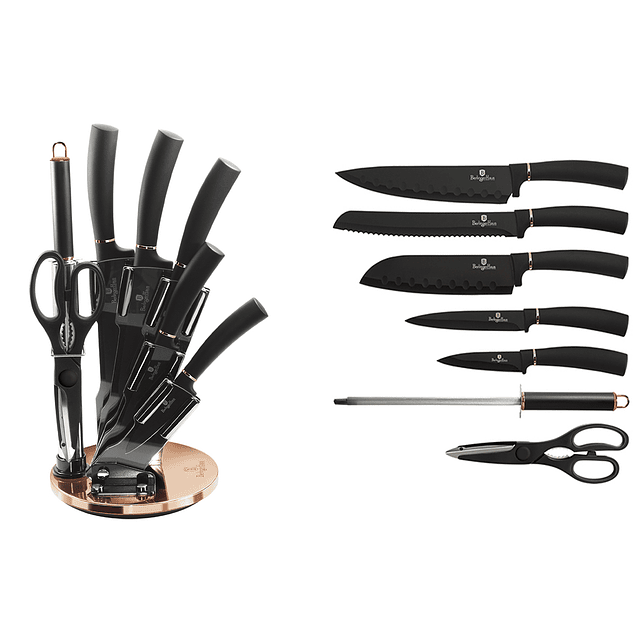 Cuchillos de Acero inoxidable BLACK ROSE  + Soporte Acrílico 360° ( Set 8 unidades )