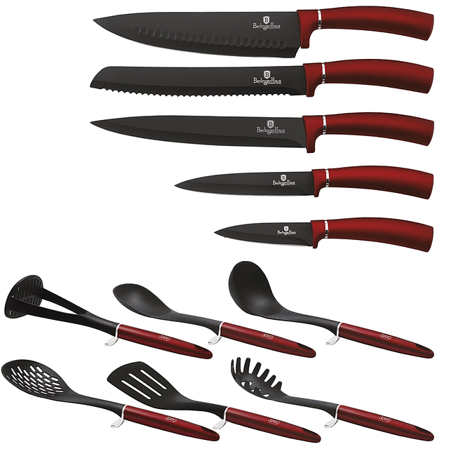 Cuchillos de Acero inoxidable BURGUNDY + Utensilios de Cocina ( Set 12 unidades )