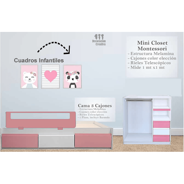 "Oferta" Cama con Baranda + Minicloset Montessori + Set de cuadros de regalo