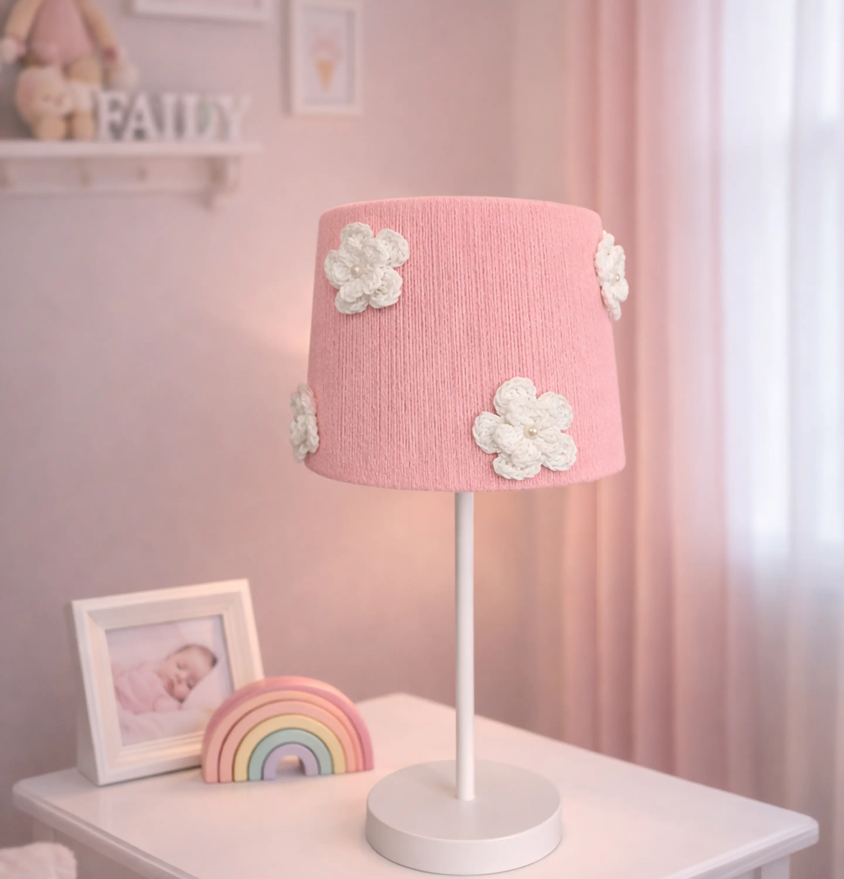 Lampara Velador - Linea Crochet Rosa flor blanca 2