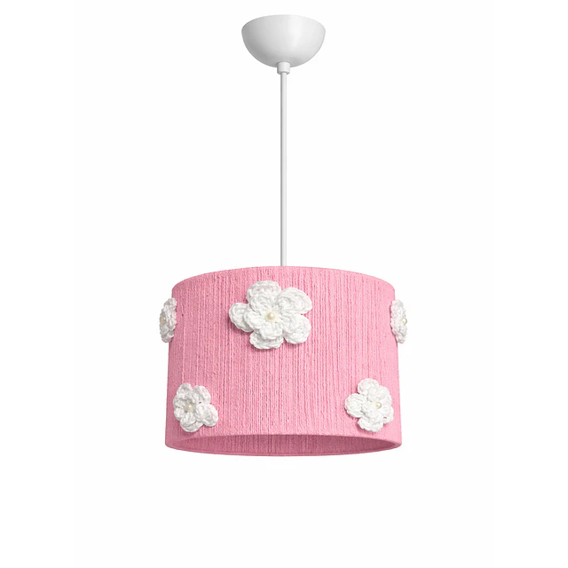 Lampara Colgante - Linea Crochet Rosada Flores Blancas