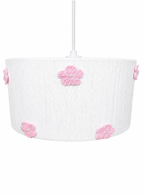Lampara Colgante - Linea Crochet Blanca Flores Rosadas