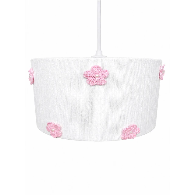 Lampara Colgante - Linea Crochet Blanca Flores Rosadas