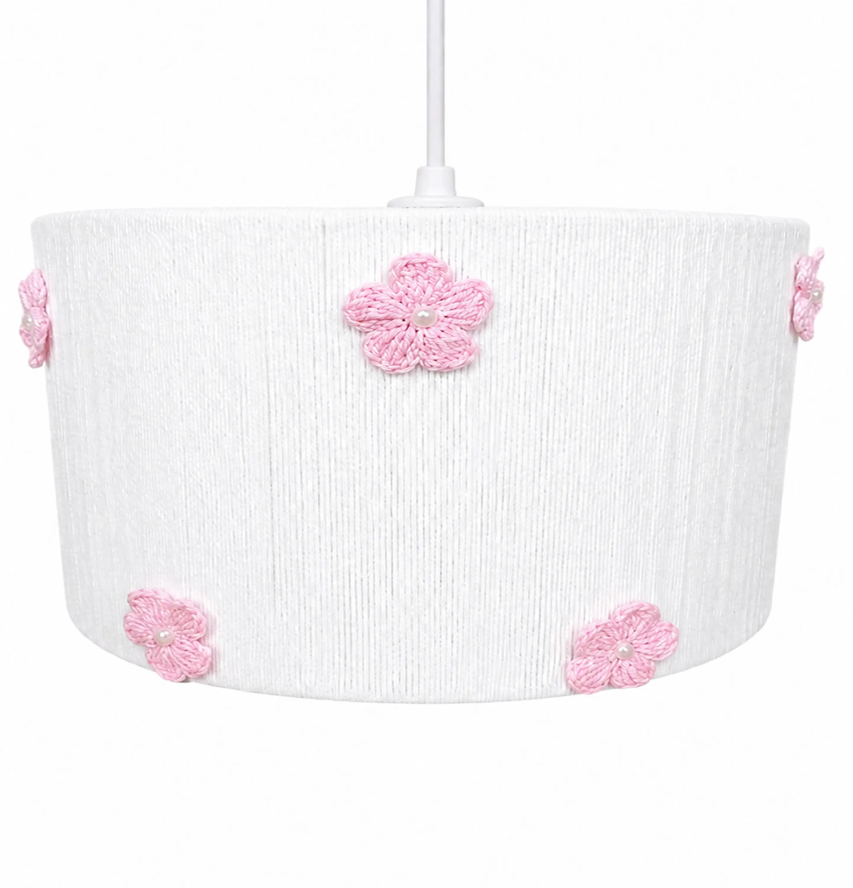 Lampara Colgante - Linea Crochet Blanca Flores Rosadas 1