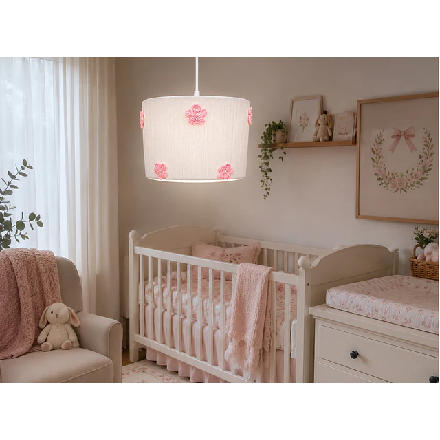 Lampara Colgante - Linea Crochet Blanca Flores Rosadas