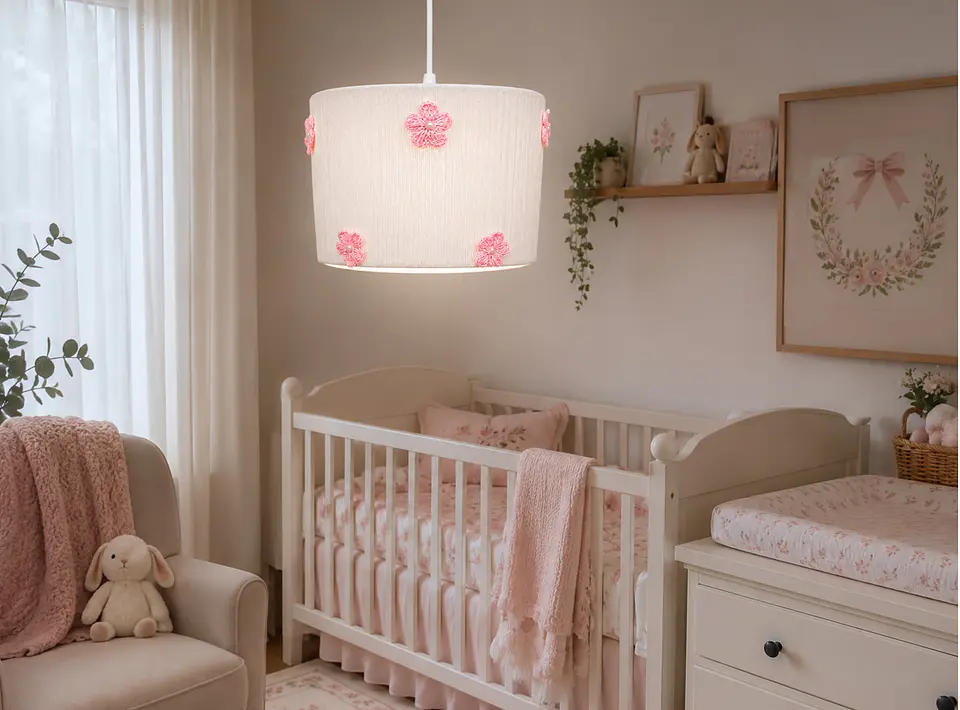 Lampara Colgante - Linea Crochet Blanca Flores Rosadas 2