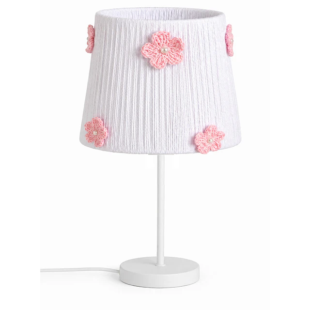 Lampara Velador - Linea Crochet Blanca Flor Rosada