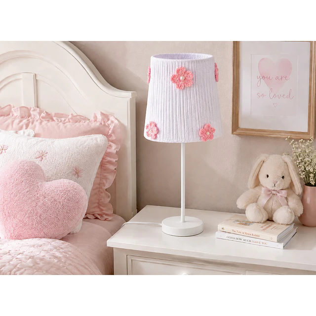 Lampara Velador - Linea Crochet Blanca Flor Rosada