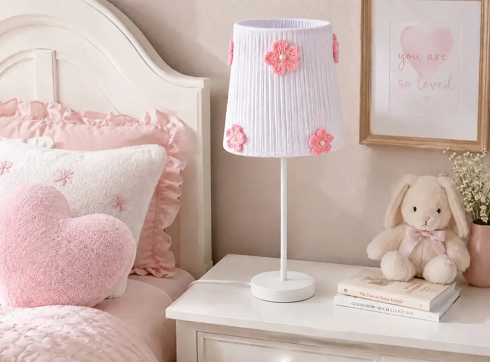 Lampara Velador - Linea Crochet Blanca Flor Rosada 2