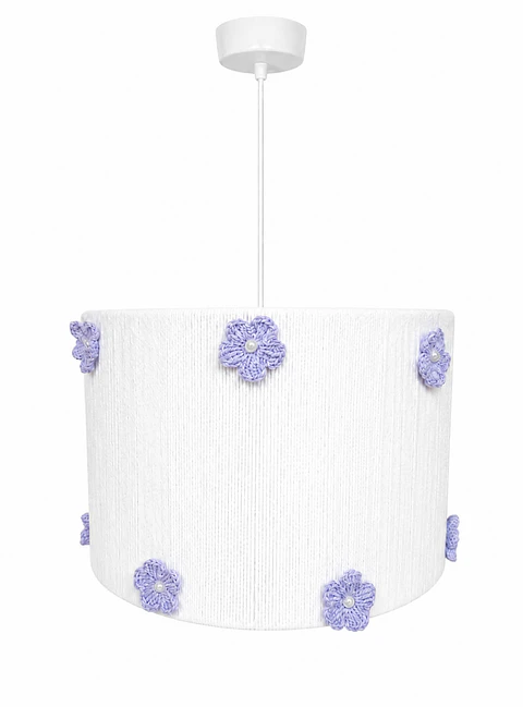 Lampara Colgante - Linea Crochet Blanca con Flores Lilas
