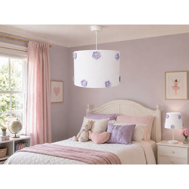 Lampara Colgante - Linea Crochet Blanca con Flores Lilas