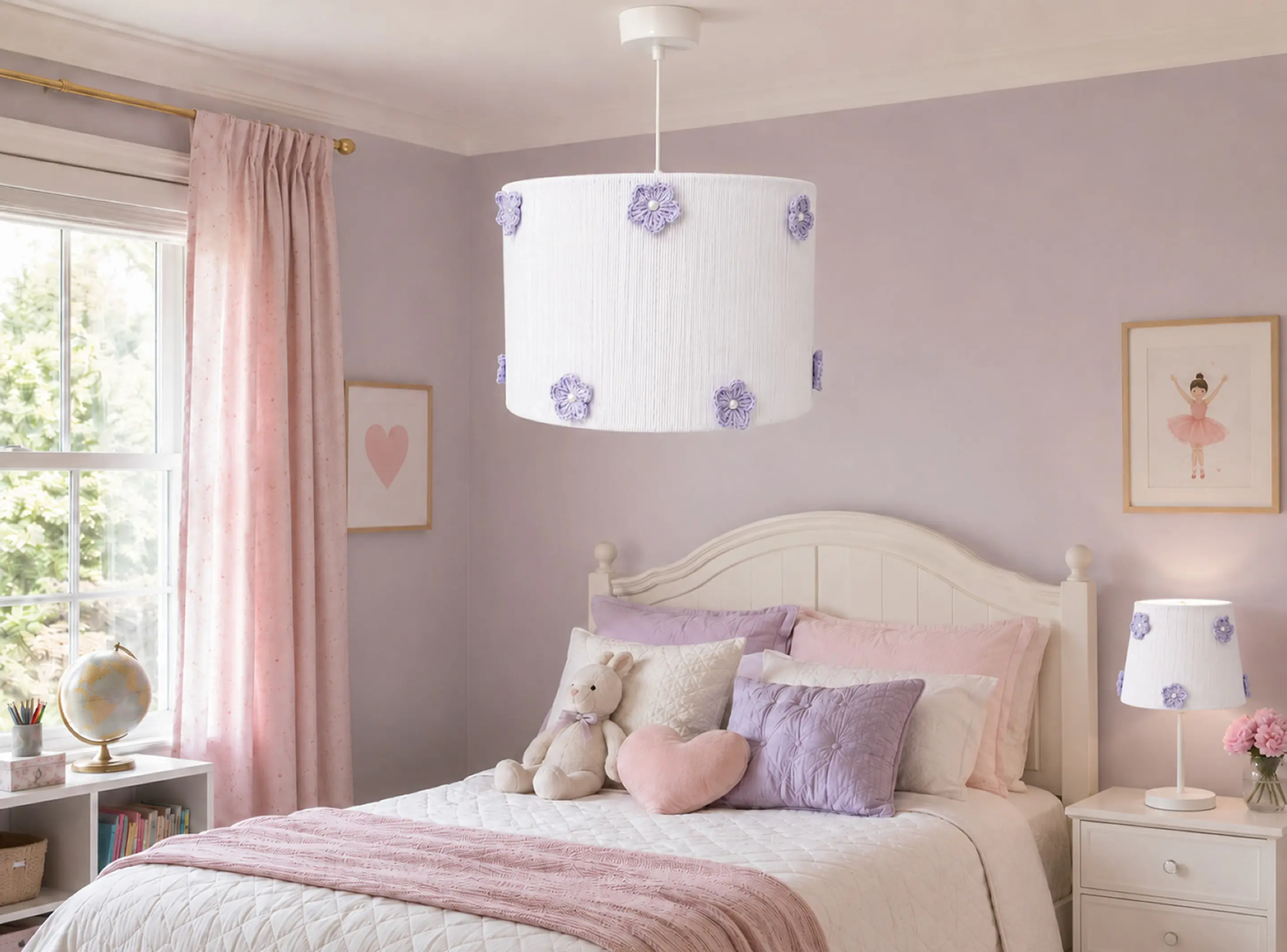 Lampara Colgante - Linea Crochet Blanca con Flores Lilas 3