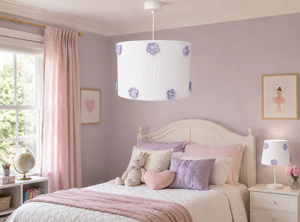 Lampara Colgante - Linea Crochet Blanca con Flores Lilas 3