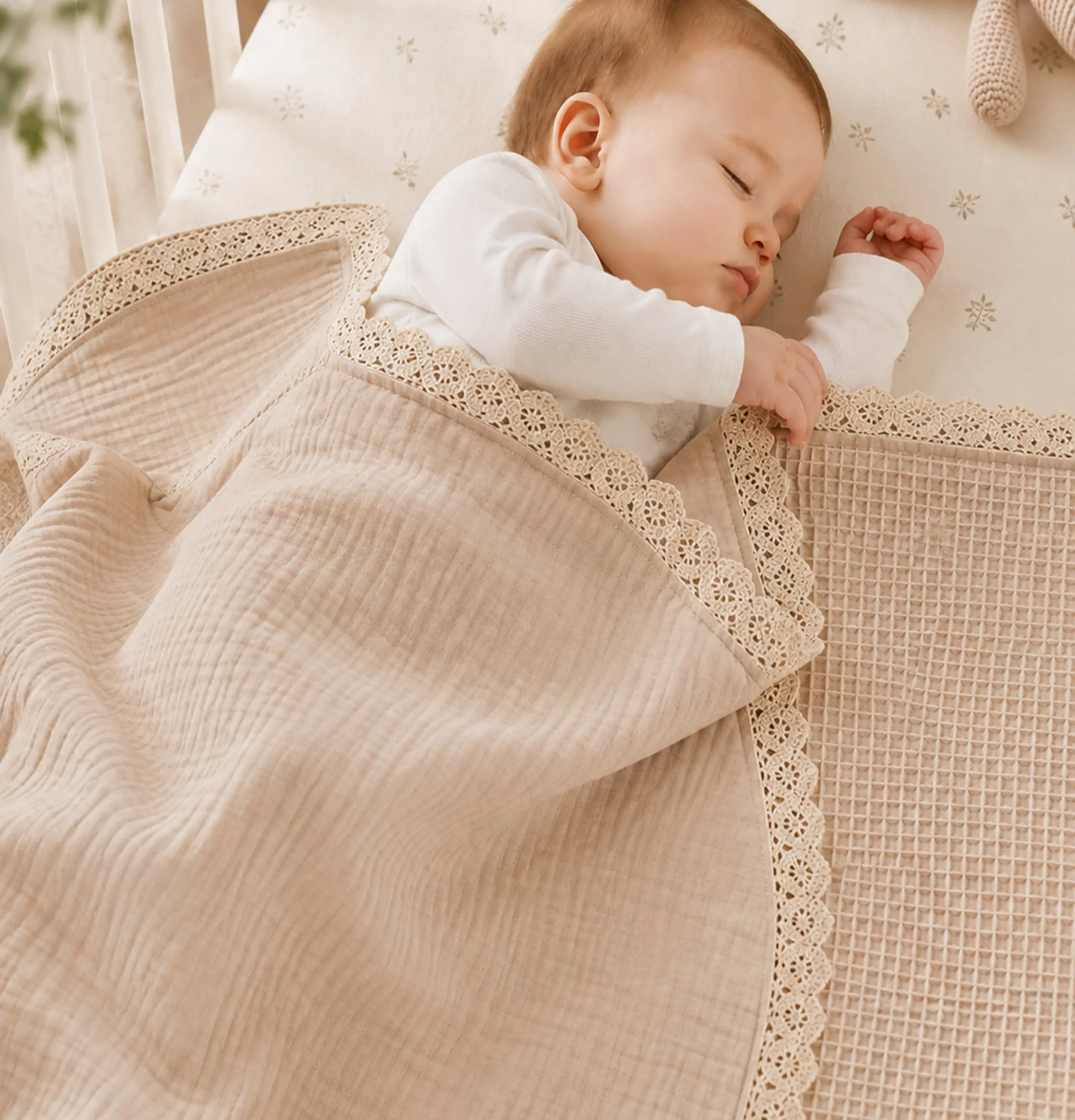 Manta Beige Bebe  - Muselina y Waffle 2