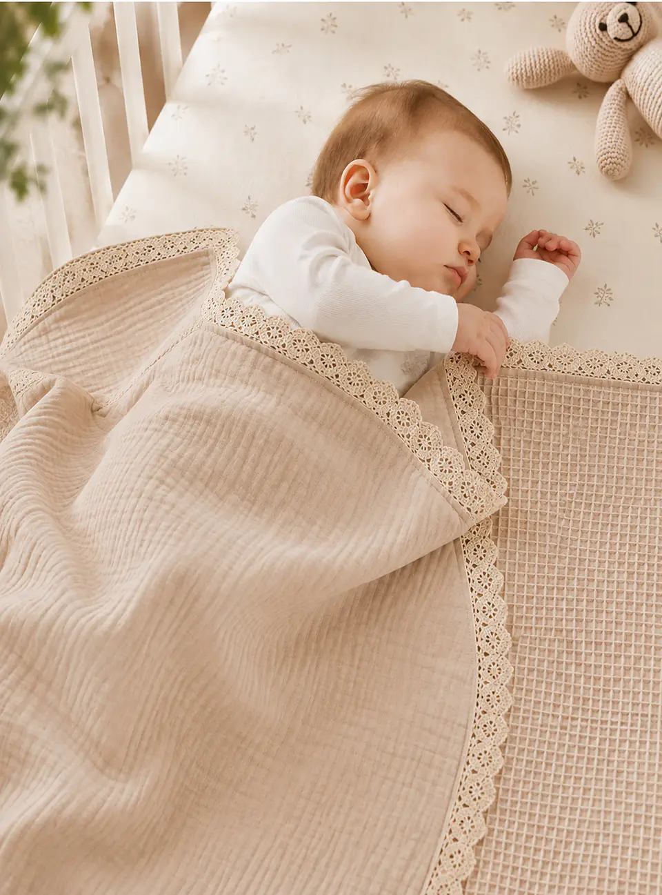 Manta Beige Bebe  - Muselina y Waffle 2