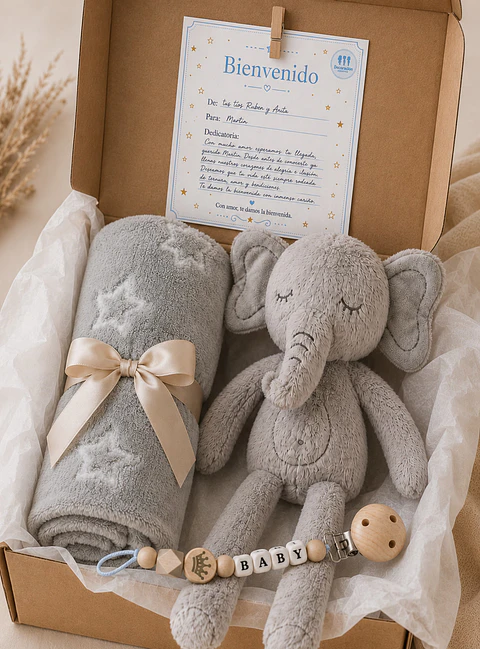Box 2  - Manta Gris Estrellas y Elefante de Apego