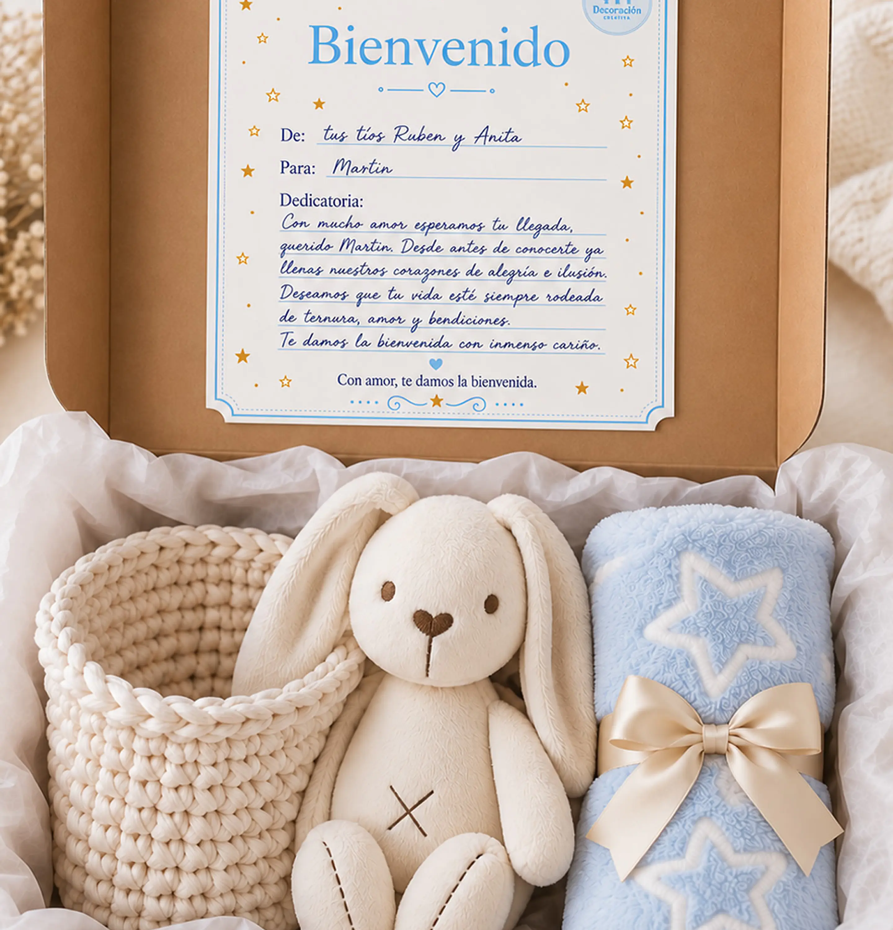 Box 3  - Canasto para cuna - Manta Celeste Estrellas y Conejito de Apego 1