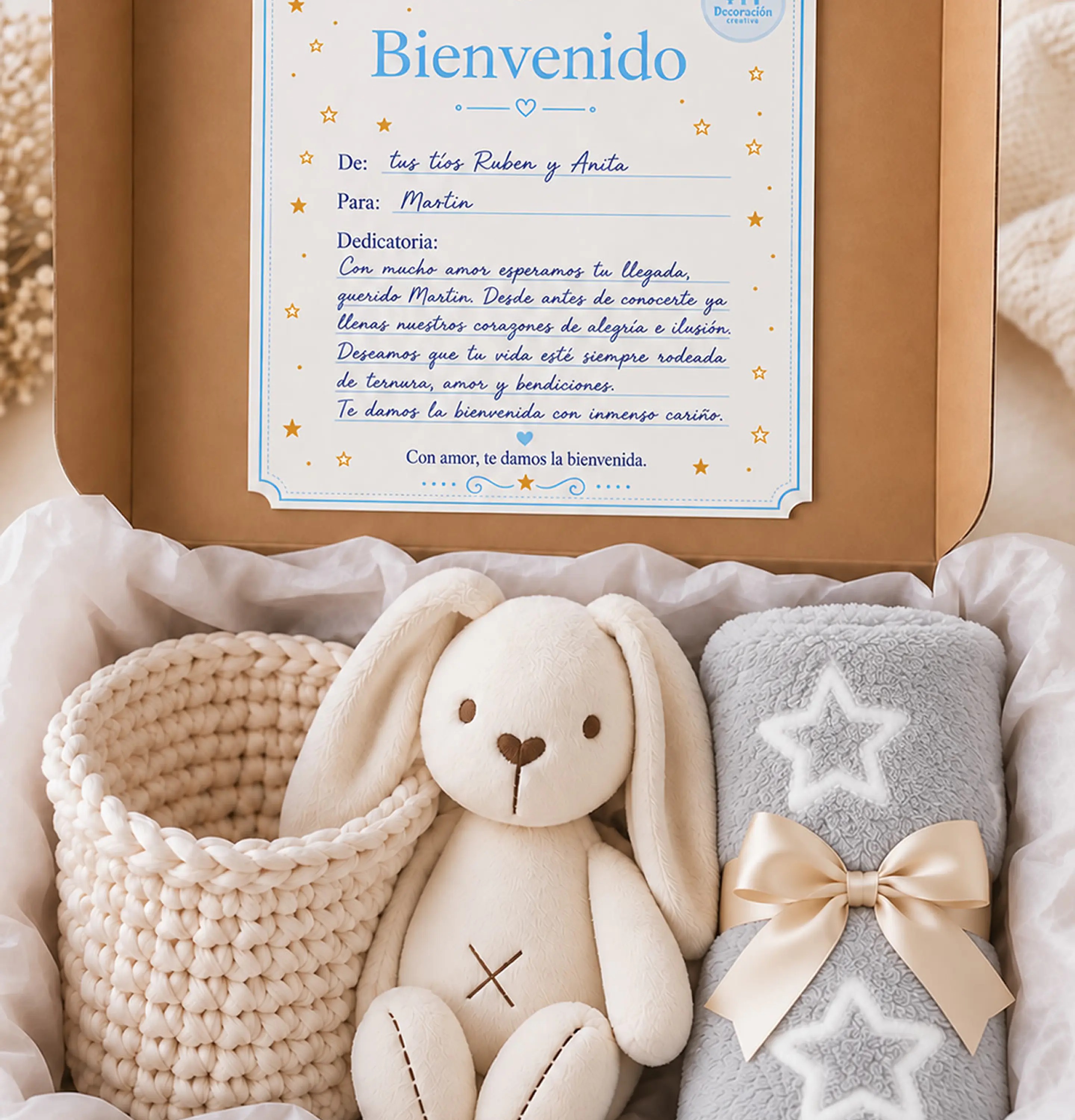 Box 3  - Canasto para cuna - Manta Gris Estrellas y Conejito de Apego 1