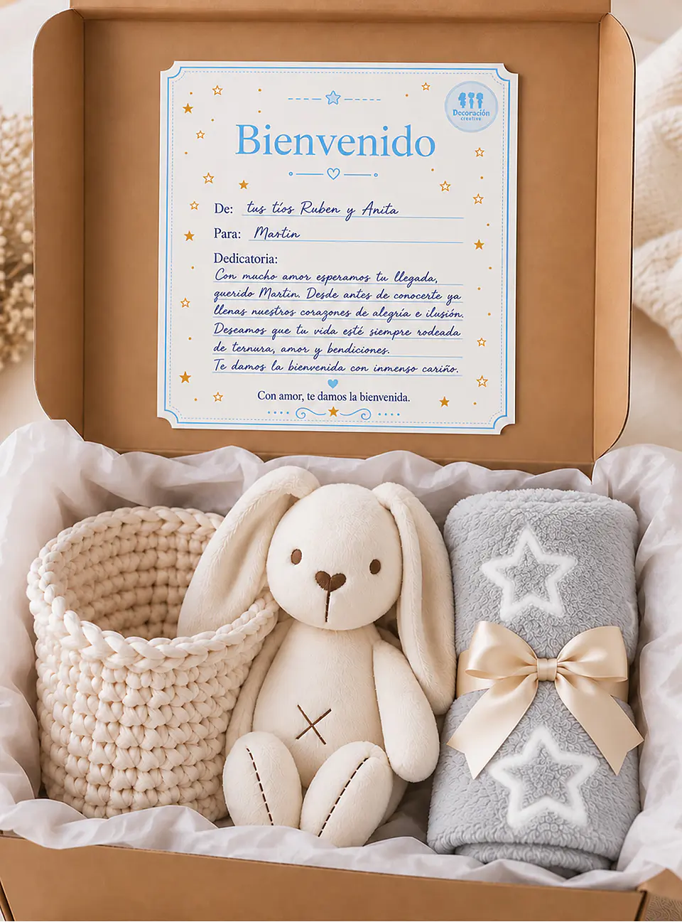 Box 3  - Canasto para cuna - Manta Gris Estrellas y Conejito de Apego 1