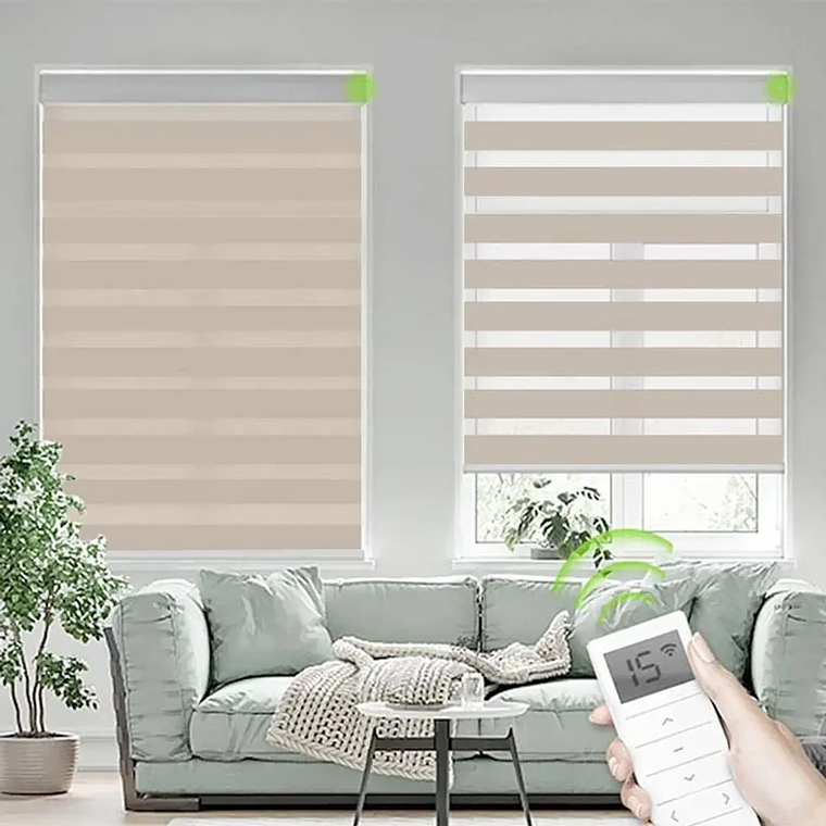 Cortinas roller duo zebra motorizadas color beige + control remoto marca rollux 2