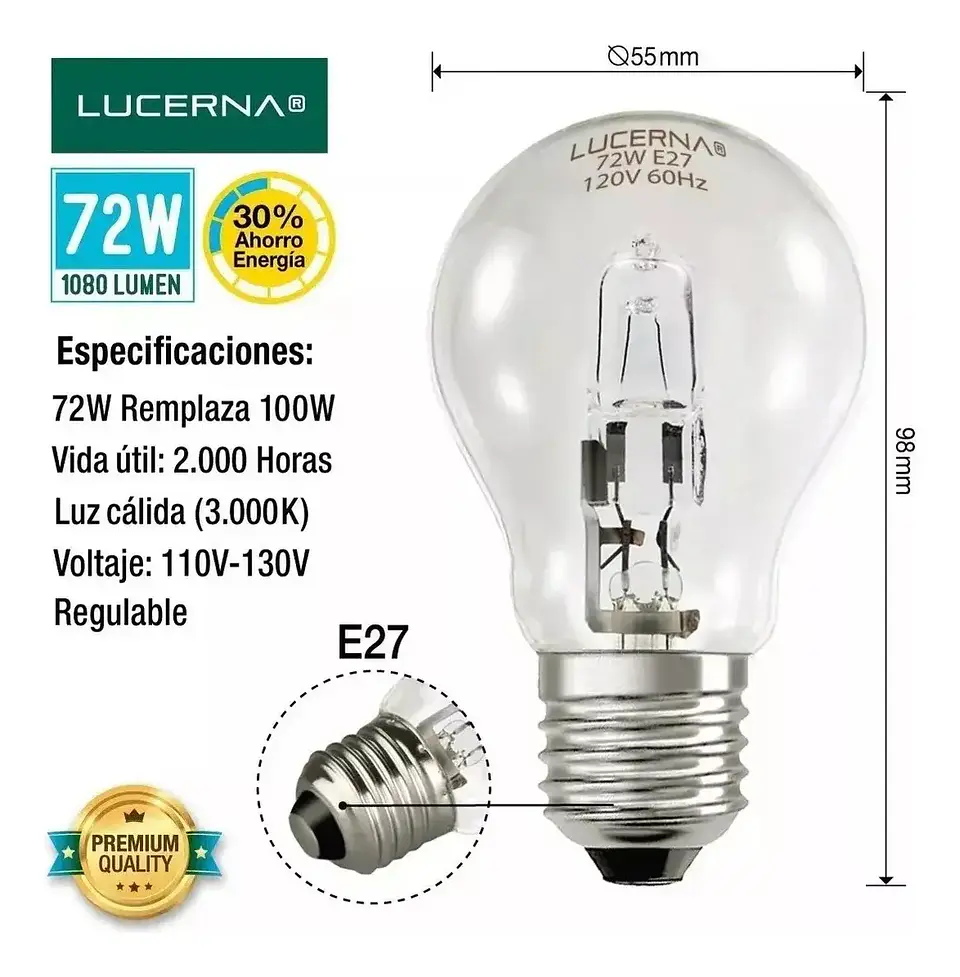 Bombillo Halógeno Bulbo A55 – 72W Rosca E27 – 2.7K – LUCERNA 1