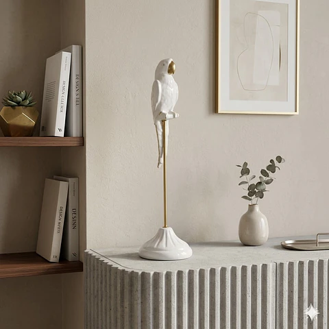 Papagaio Branco com Poleiro Dourado - 54cm