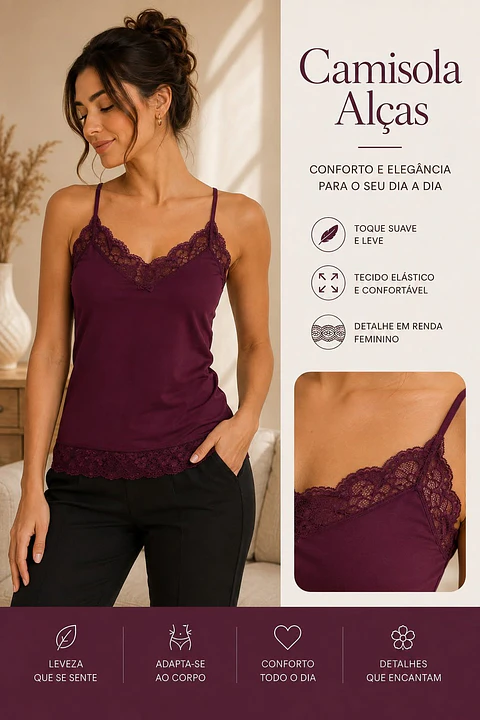 Camisola de Alças com Renda Bordô REFª19985 – Elegância, Conforto e Feminilidade