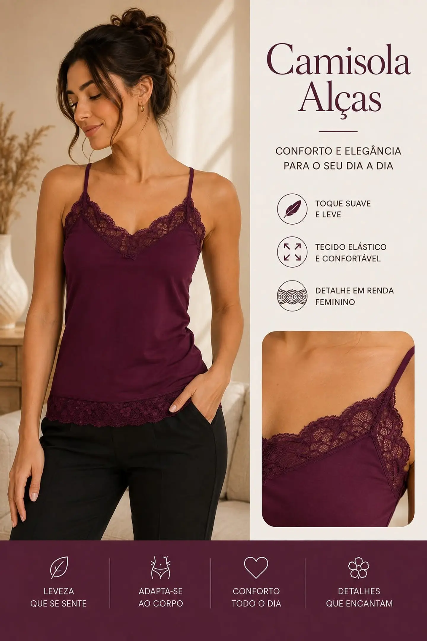 Camisola de Alças com Renda Bordô REFª19985 – Elegância, Conforto e Feminilidade 1