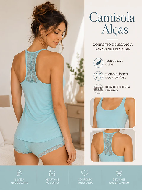 Camisola de Alças em Algodão com Renda Floral nas Costas | Ref. 19209