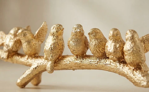 Tronco Decorativo em Resina Dourada com Pássaros | 35x7x9 cm