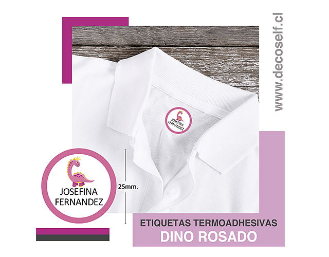 Etiquetas para ropa circular Dino Rosado