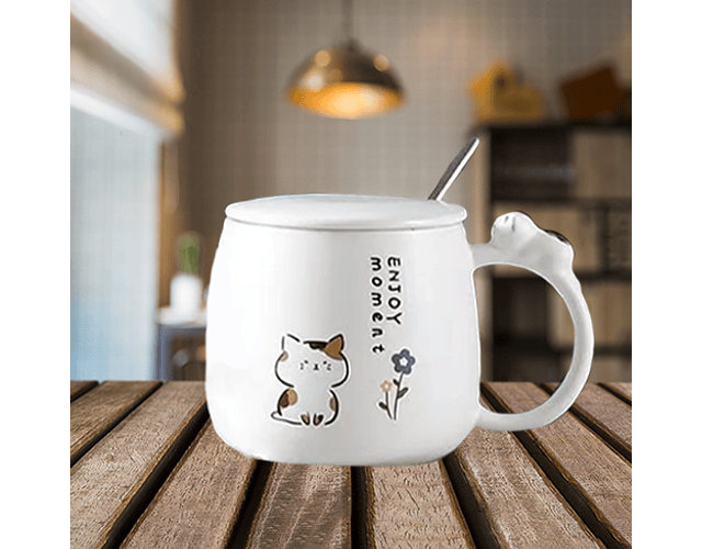 Taza De Cerámica Gatito con tapa y cuchara