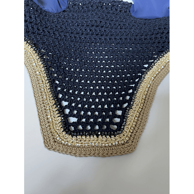 Navy square gold rhinestones and tan trim