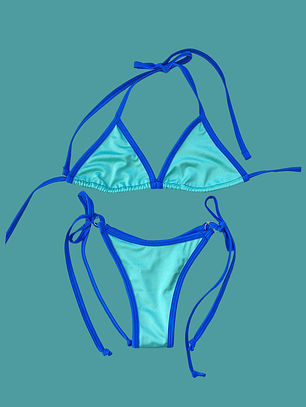 Set top Triangulo + Bottom Rua amarras Aguamarina satín 