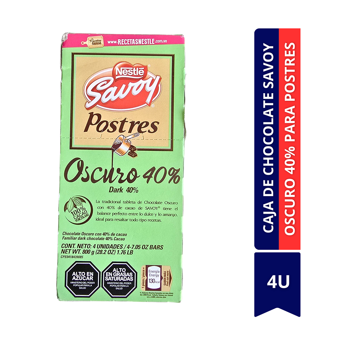 CAJA DE CHOCOLATE  OSCURO 40% PARA POSTRES DE SAVOY 4 UNID 1