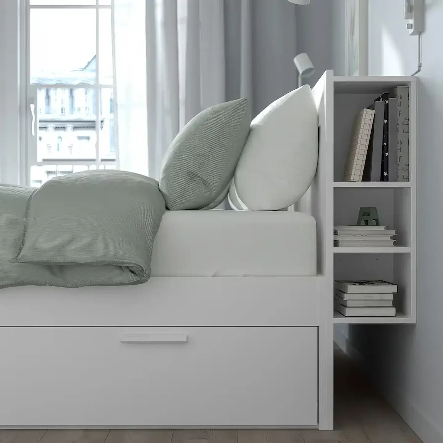 Bed with storage and backrest, white/Luröy BRIMNES 2