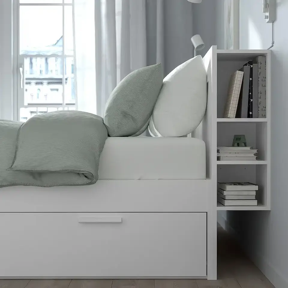 Bed with storage and backrest, white/Luröy BRIMNES 2