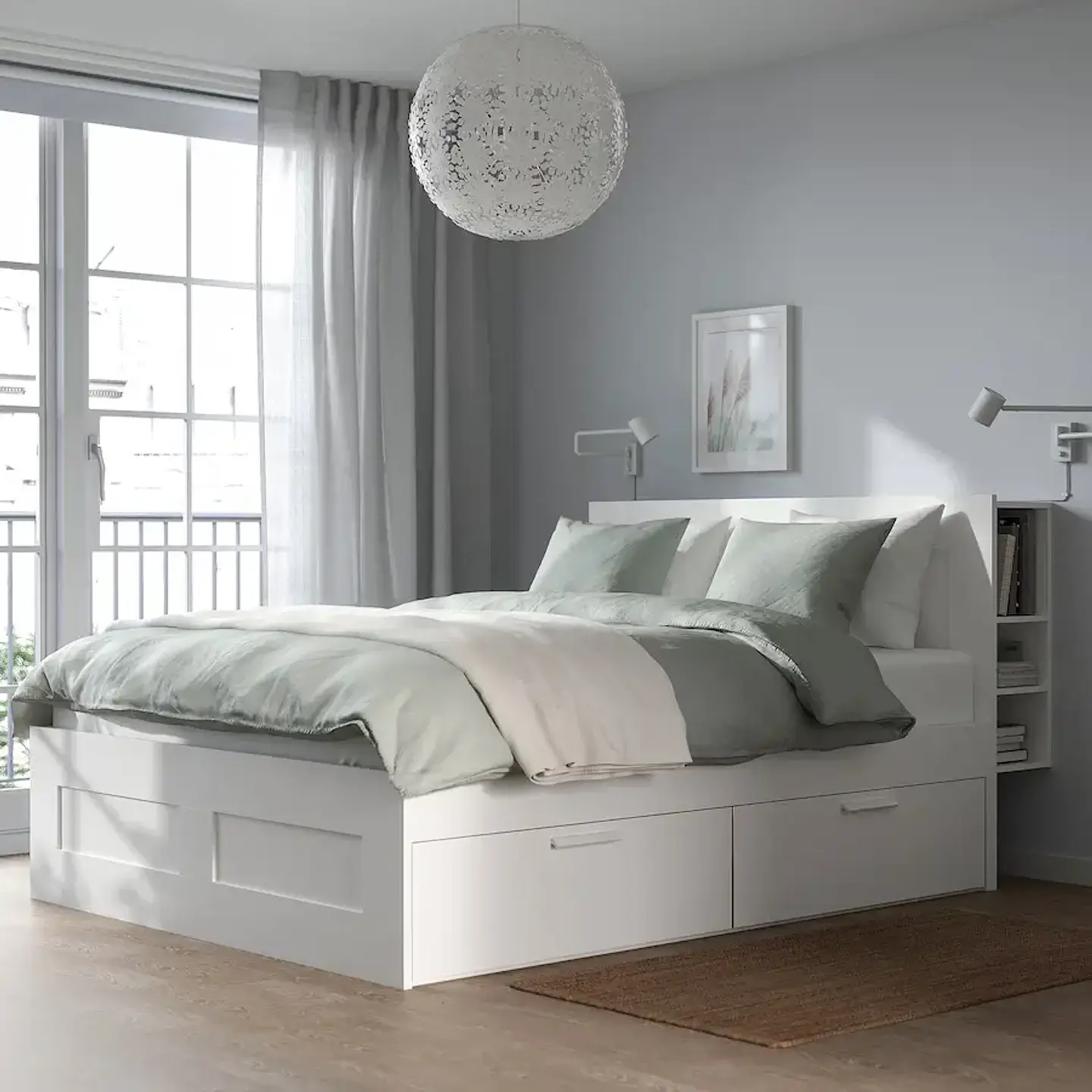 Bed with storage and backrest, white/Luröy BRIMNES 1