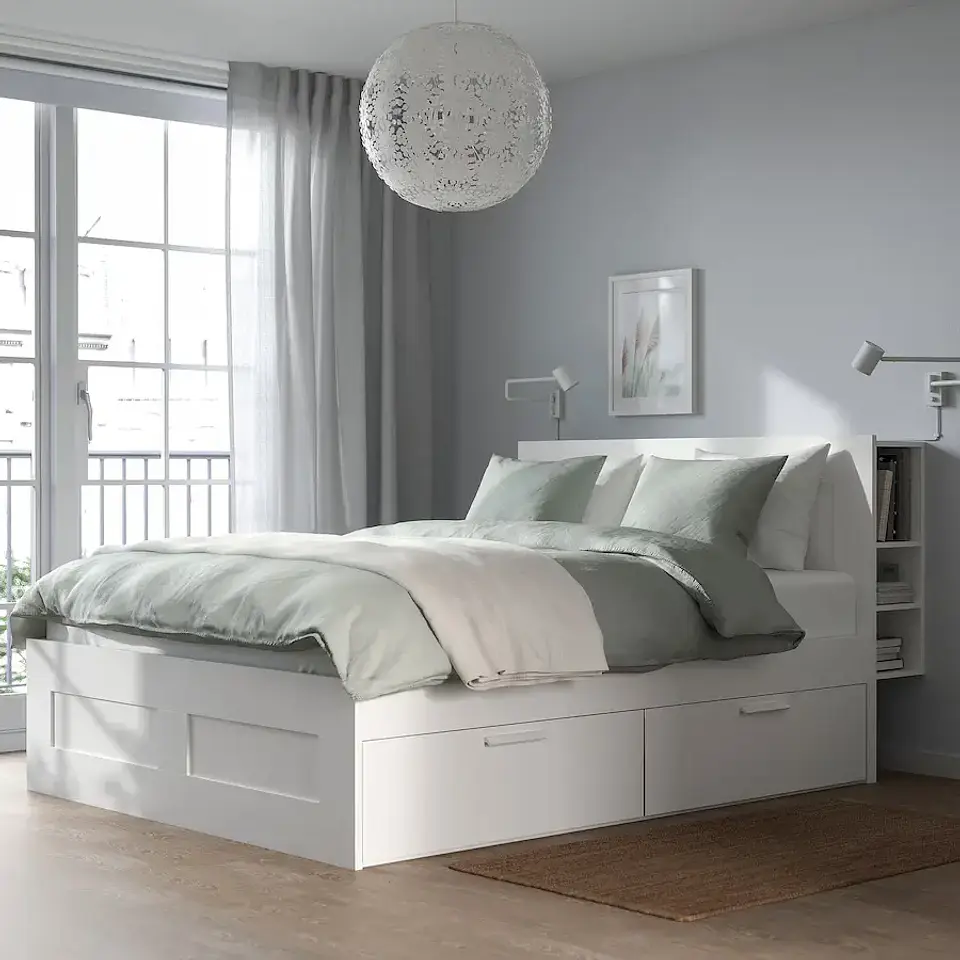 Bed with storage and backrest, white/Luröy BRIMNES 1
