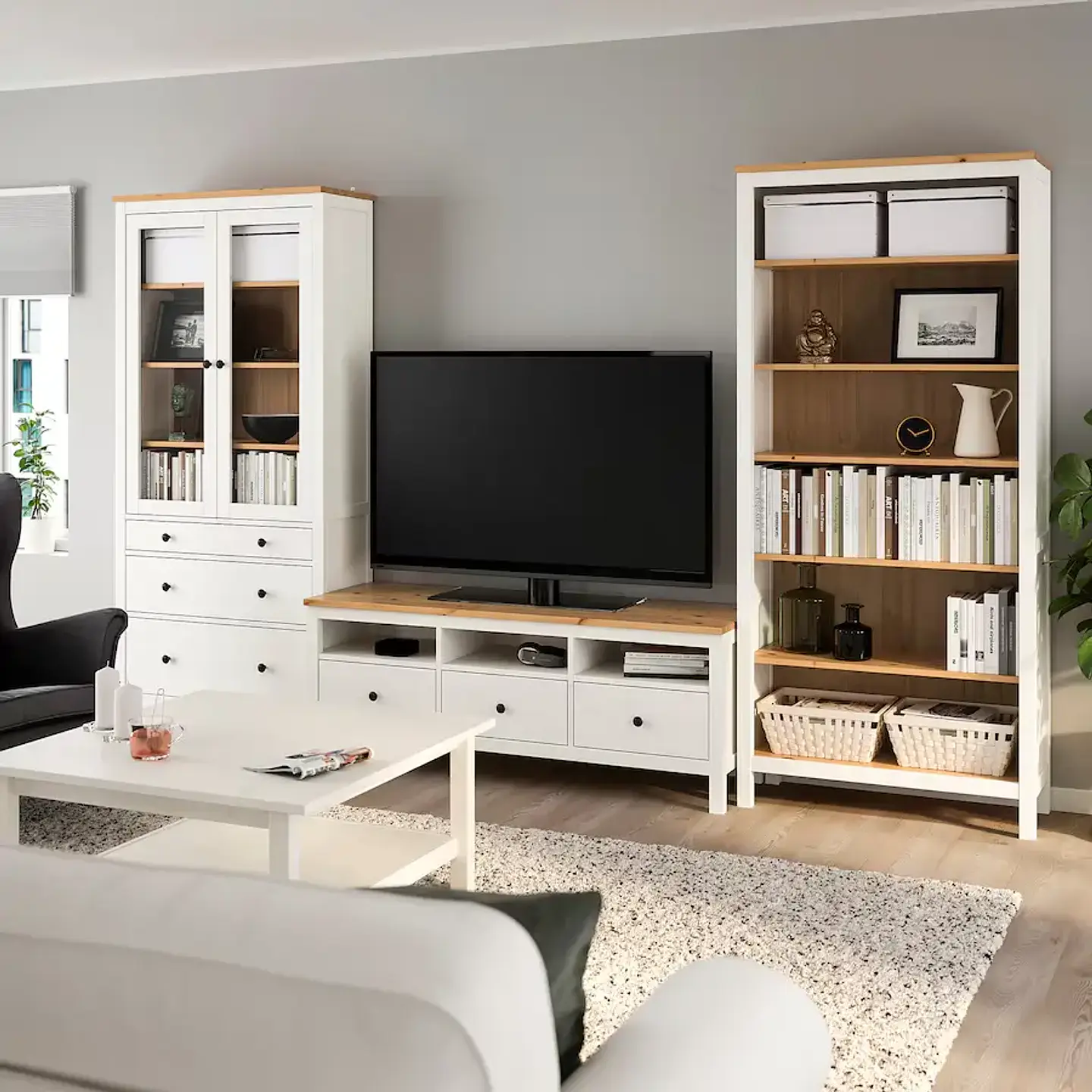 TV rack, white/sepia tint, clear glass HEMNES 2