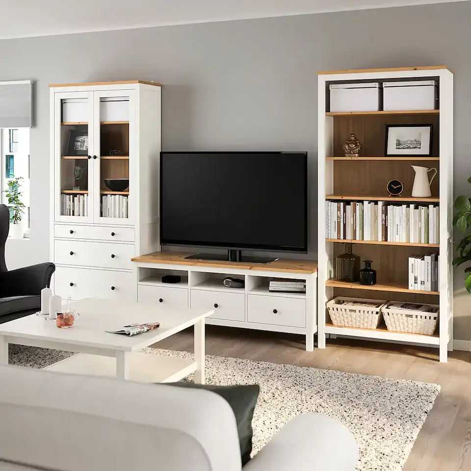TV rack, white/sepia tint, clear glass HEMNES 2
